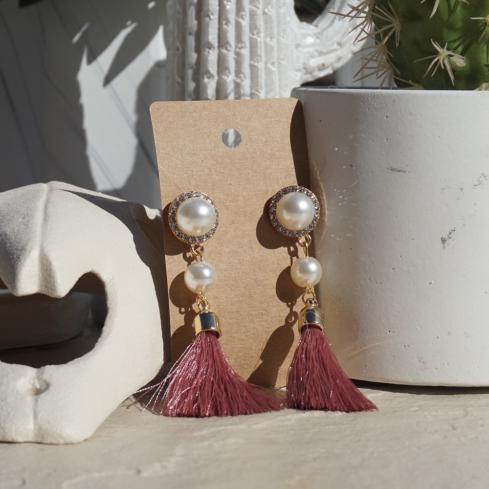 Pink and Red Pearl Tassel Earrings